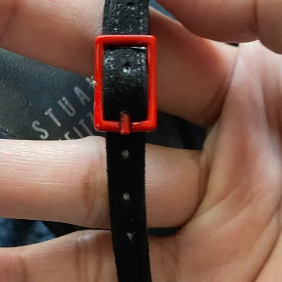 Stuart Weitzman Black Suede Pointed Slingback Heels with Red Buckle Accent - Picture 4 of 8